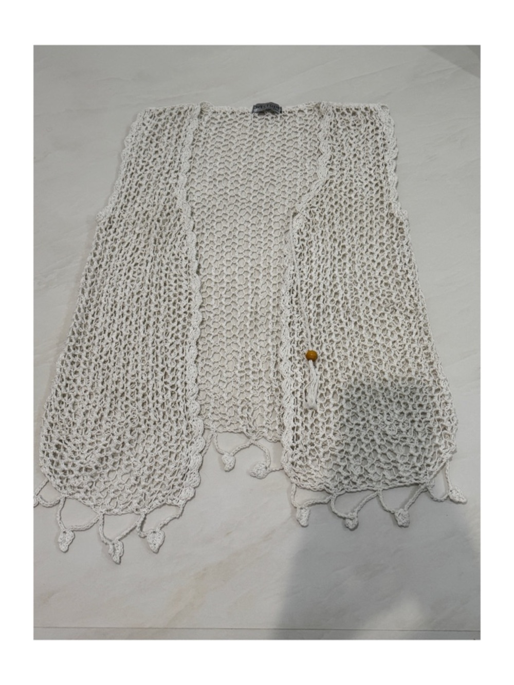 Open-Knit Cream Swim Cardigan with Tassel Trim
